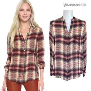 HAUTE HIPPIE - Tribal Chevron Plaid - Silk Long Sleeve Button Down Top